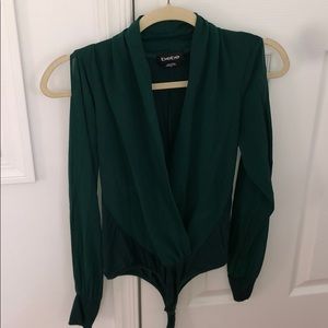 BEBE sheer long-sleeve wrap bodysuit